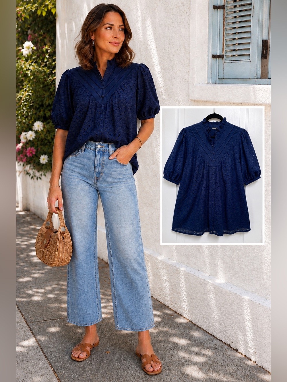 NWOT Navy Eyelet Puff-Sleeve Blouse